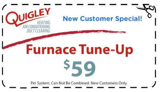 Coupon for a furnace tune-up for $59 from Quigley Heating, Air Conditioning, and Duct Cleaning