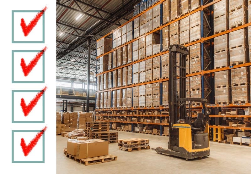 A vertical column of four-square checkboxes with red checkmarks on the left, paired with a photo of a large, busy warehouse on the right.
